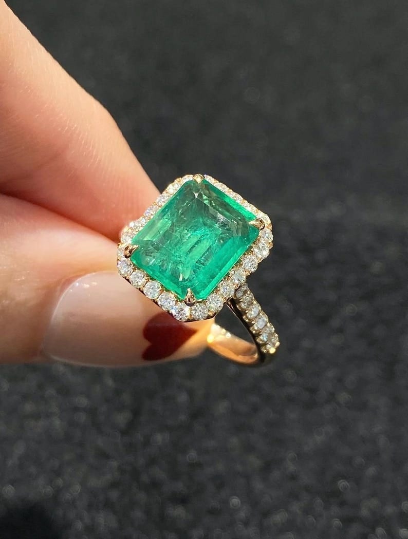 5.00 Carat Emearld Cut Natural Emerald Certified Engagement Ring in 14K Solid Yellow Gold: 5.00 Carat Emearld Cut Natural Emerald Certified Engagement Ring in 14K Solid Yellow Gold - Side Stone Real Diamonds Round Cut VS1 H COLOR 0.50 ct - Ring Size US 7