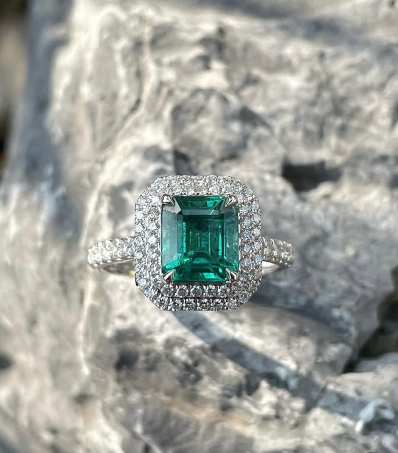 5.00 Carat Emerald Cut Natural Emerald Certified Engagement Ring in 14K Solid White Gold: 5.00 Carat Emerald Cut Natural Emerald Certified Engagement Ring in 14K Solid White Gold - Side Stone Real Diamonds Round Cut VS1 H COLOR 0.60 ct - Ring Size US 6