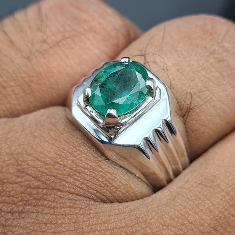 4.00 Carat Oval Cut Natural Emerald Certified Engagement Ring in 14K Solid White Gold: 4.00 Carat Oval Cut Natural Emerald Certified Engagement Ring in 14K Solid White Gold - Ring Size US 8