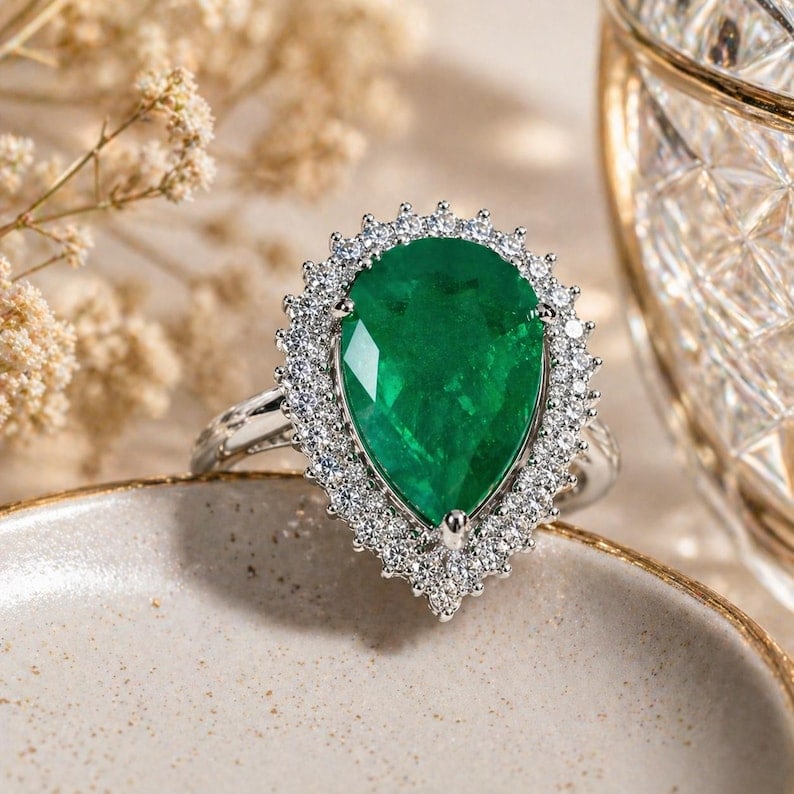 5.00 Carat Pear Cut Natural Emerald Certified Engagement Ring in 14K Solid White Gold: 5.00 Carat Pear Cut Natural Emerald Certified Engagement Ring in 14K Solid White Gold - Side Stone Real Diamonds Round Cut VS1 H COLOR 0.50 ct - Ring Size US 7
