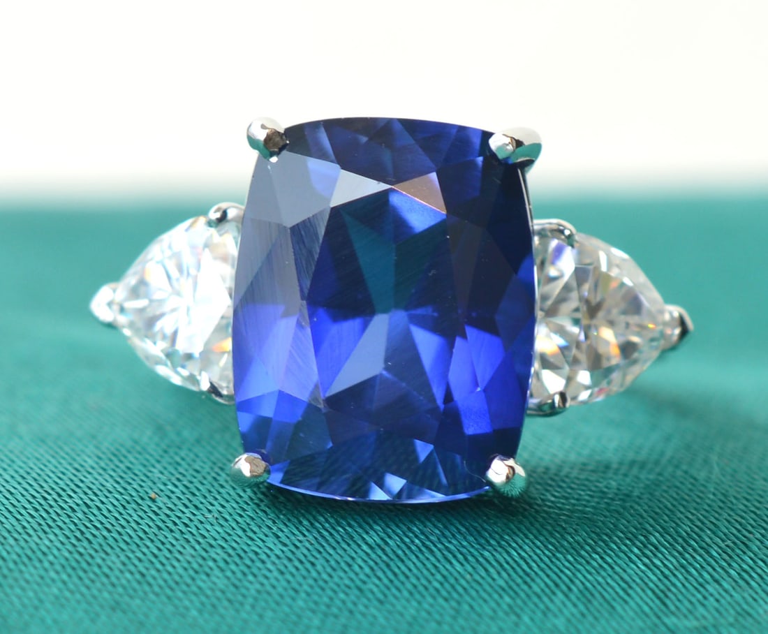 Certificted 12 Carat Long Cushion Cut Lab Grown Blue sapphire 14k White Gold Engagment Ring: Certificted 12 Carat Long Cushion Cut Lab Grown Blue sapphire 14k White Gold Engagment Ring - Side Stone Lab Grown Diamonds VVS1 D Color Fancy Cut 0.80 ct - Ring Size US 6.5