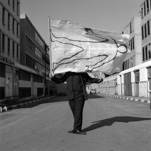 Israel, Hasselblad Analogue Photography Print By Cuban Artist Conrado Maleta: Title: Technique du coup d Etat. Homage to Curzio Malaparte. Tel Aviv Israel, 2011. Expired, Damaged, Black And White Medium Format Analogue Photography, Man Male Portraiture. Middle East Visual Poetr