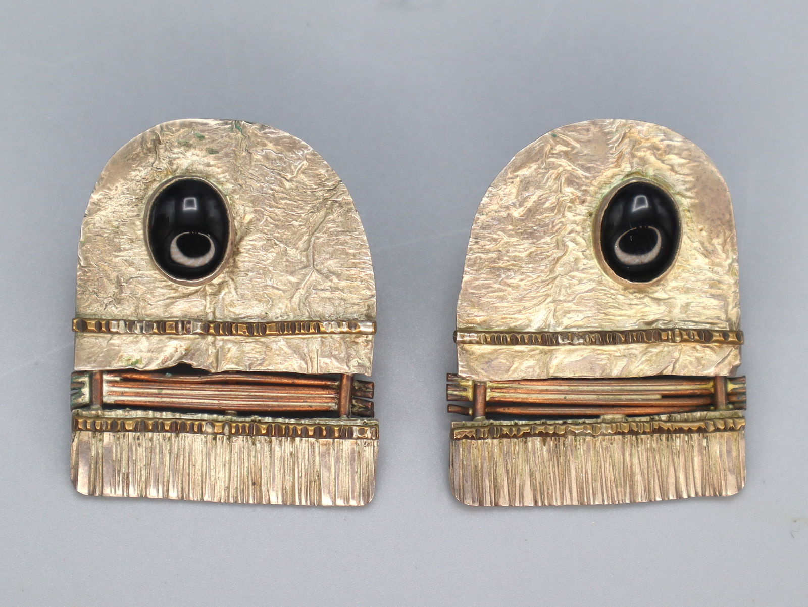 Avant Garde Brutalist, Copper, Silver And Onyx Large Stud Earrings (1 of 4)