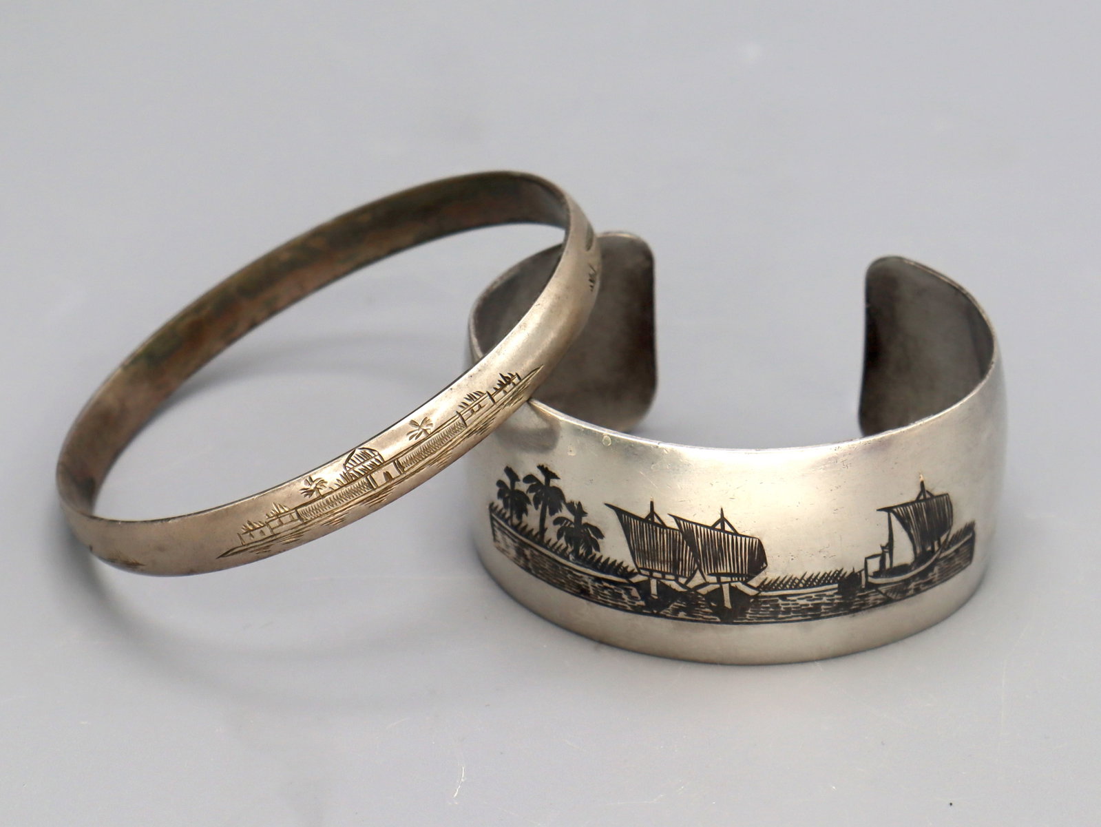 Iraq Niello Sterling Bracelets With Landscape Scenes: A pair of Vintage 1940s, Made Around The WWII As Souvenirs In Several Middle East Countries, Specially Egypt And iraq. These Are Fine Sterling Silver With Etched Artworks, Enamel Niello Details. One C