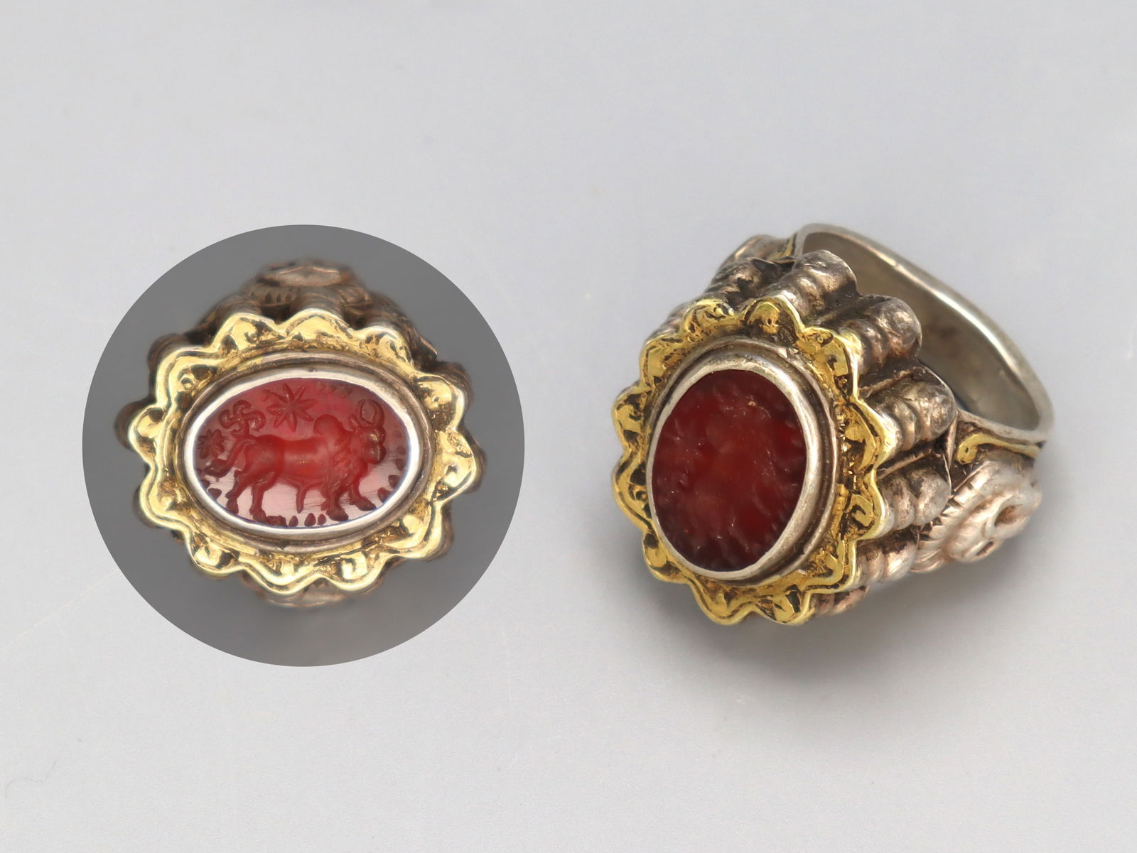 Antique 19th C Qajar Empire Silver And Gold Ring With Taurus Intaglio (1 of 7)