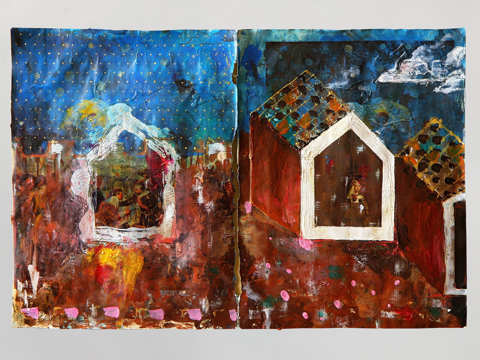 All My Men Are Gone, Contemporary Cuban Art Painting On Paper, Conrado Maleta, Signed: Contemporary Art Painting By Conrado Maleta, Signed. Small Format, Acrylic and mixed media in recycled pages paper, diptych, dated 2018, signed. Title: All My Men Are Gone, A Case of Bad Royalties. C 