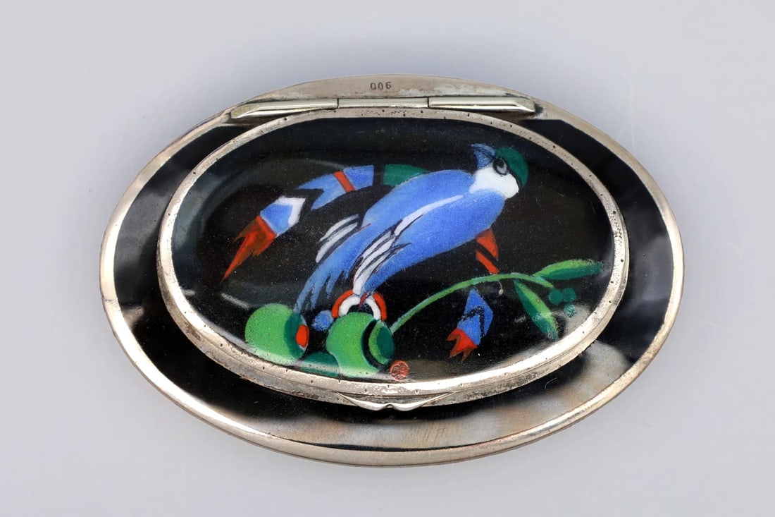 Vintage 1960s Italian 900 Silver Pill Box With Hinged Lid, Bird Enameled Painting (1 of 4)
