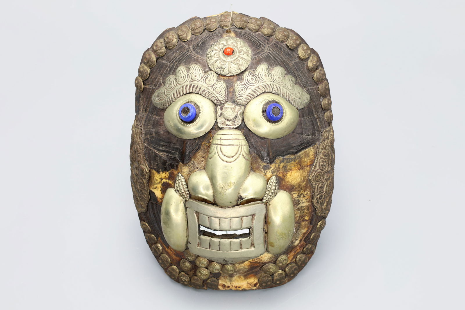 Vintage Tibet Kapala Buddhist Turtle Shell Embossed Mask, Ceremonial Tantra Skull Representation (1 of 4)