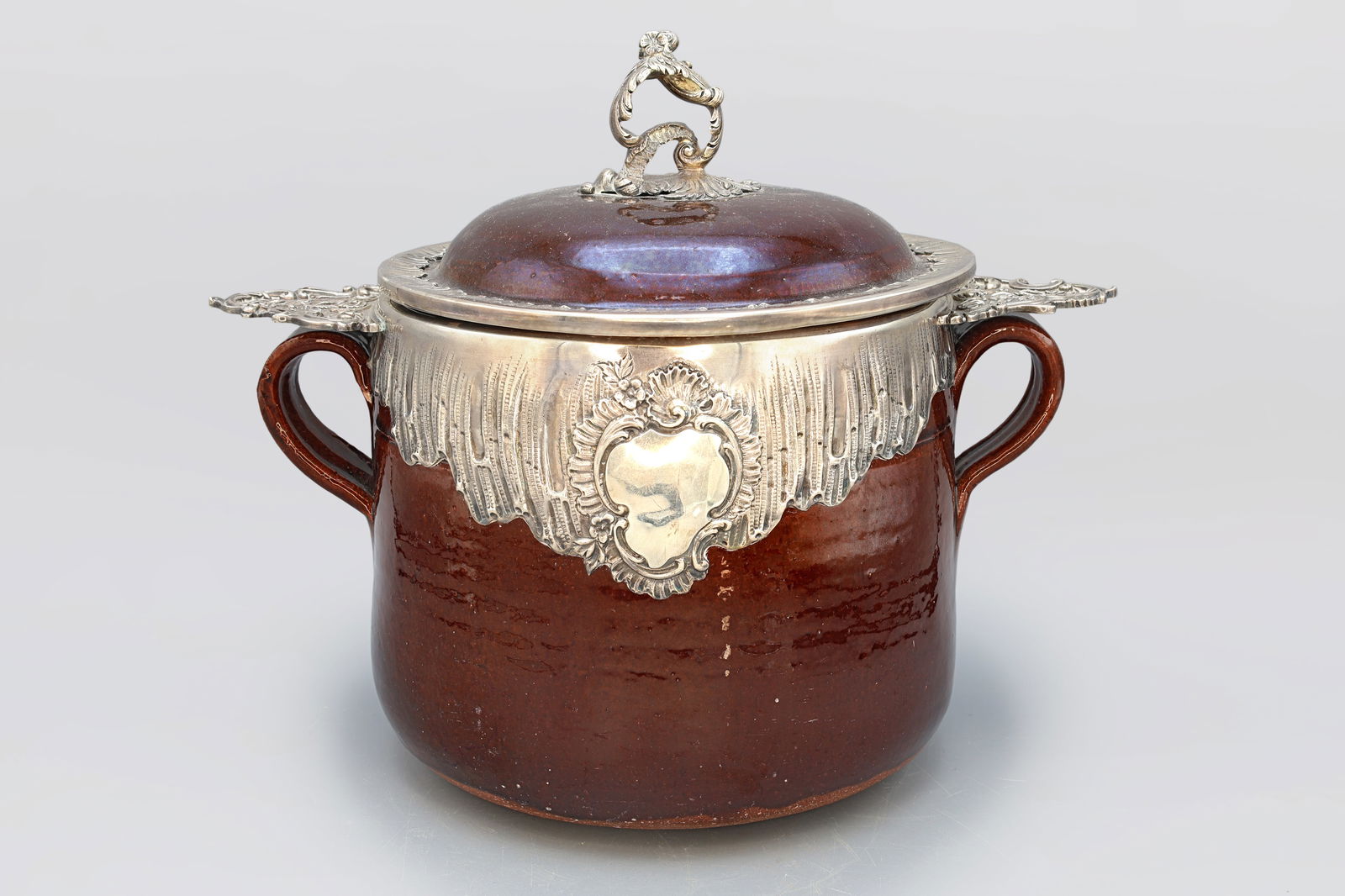 France, 19th Century Silver Mounted Glazed Redware Cassoulet And Cover (1 of 9)