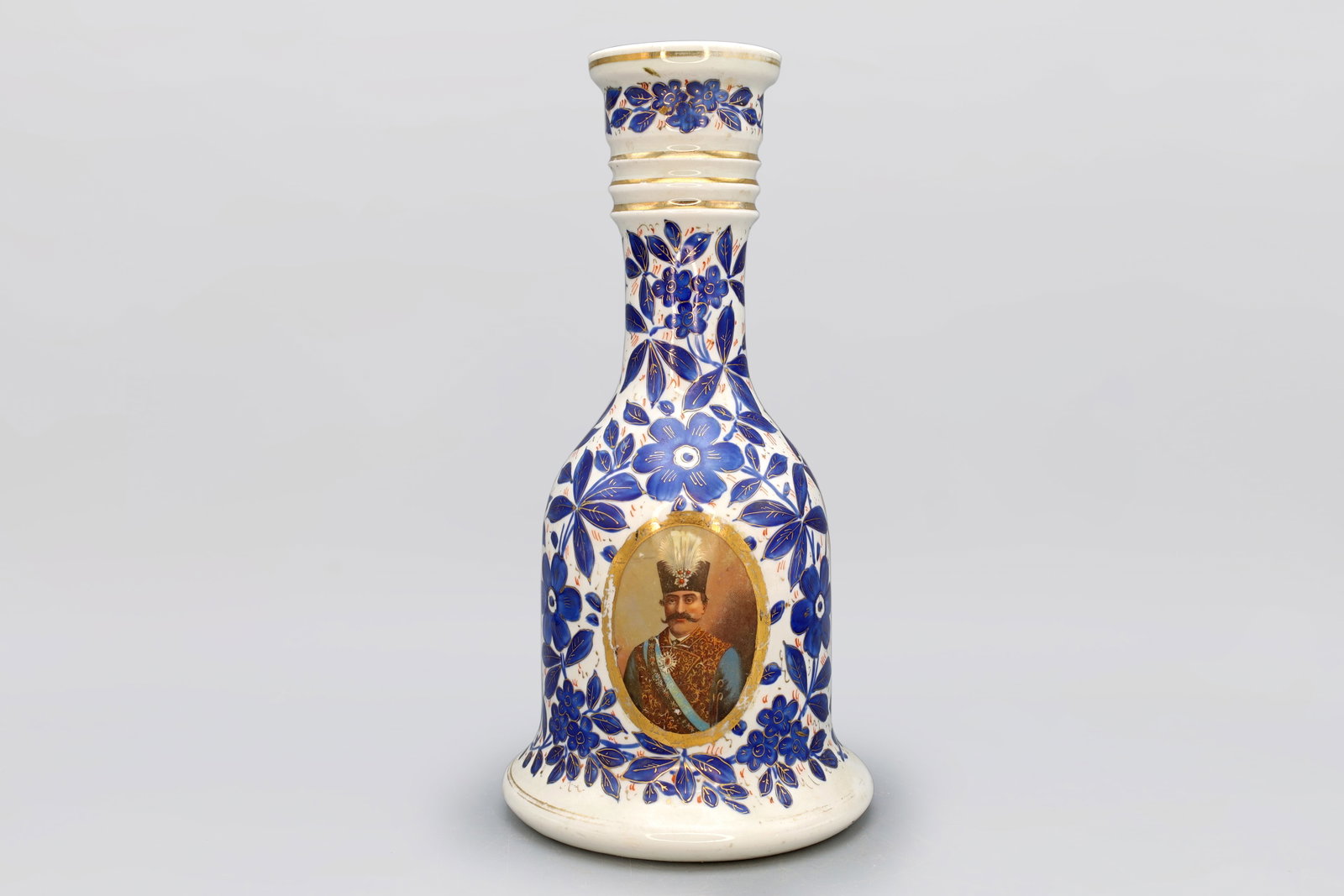 Antique Late 19th Century Persian Qajar Porcelain Hookah Bottle, Mozafaredin Shah, Shisha Narguile: 19th Century Persian Qajar Porcelain Hookah Bottle, Portrait Of Mozafaredin Shah Qajar, Circa 1897. Size 26 cm x 13 cm
