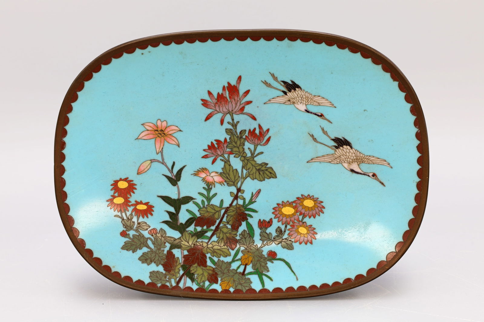 Meiji Japan, An Antique Late 19th Century Cloisonne Oblong Tray, Heron Birds And Flowers, Blue (1 of 3)