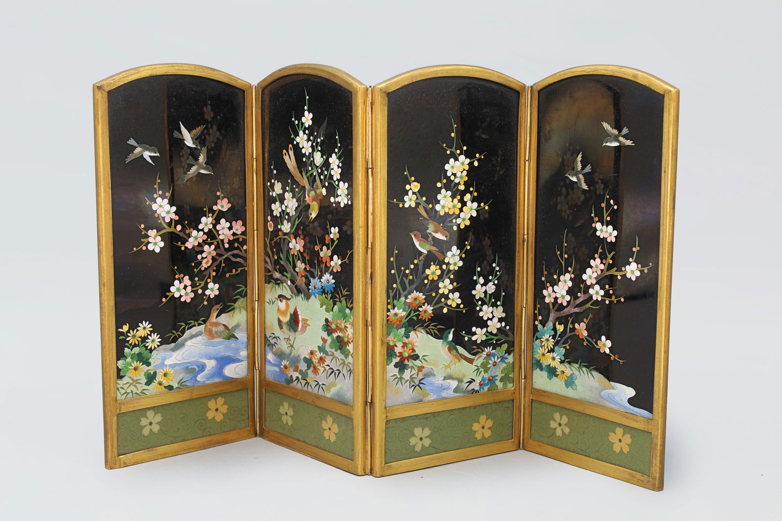 Antique Japanese Inaba Cloisonne Table Screen with Birds And Flowers, Biombos, Meiji Era Style (1 of 5)