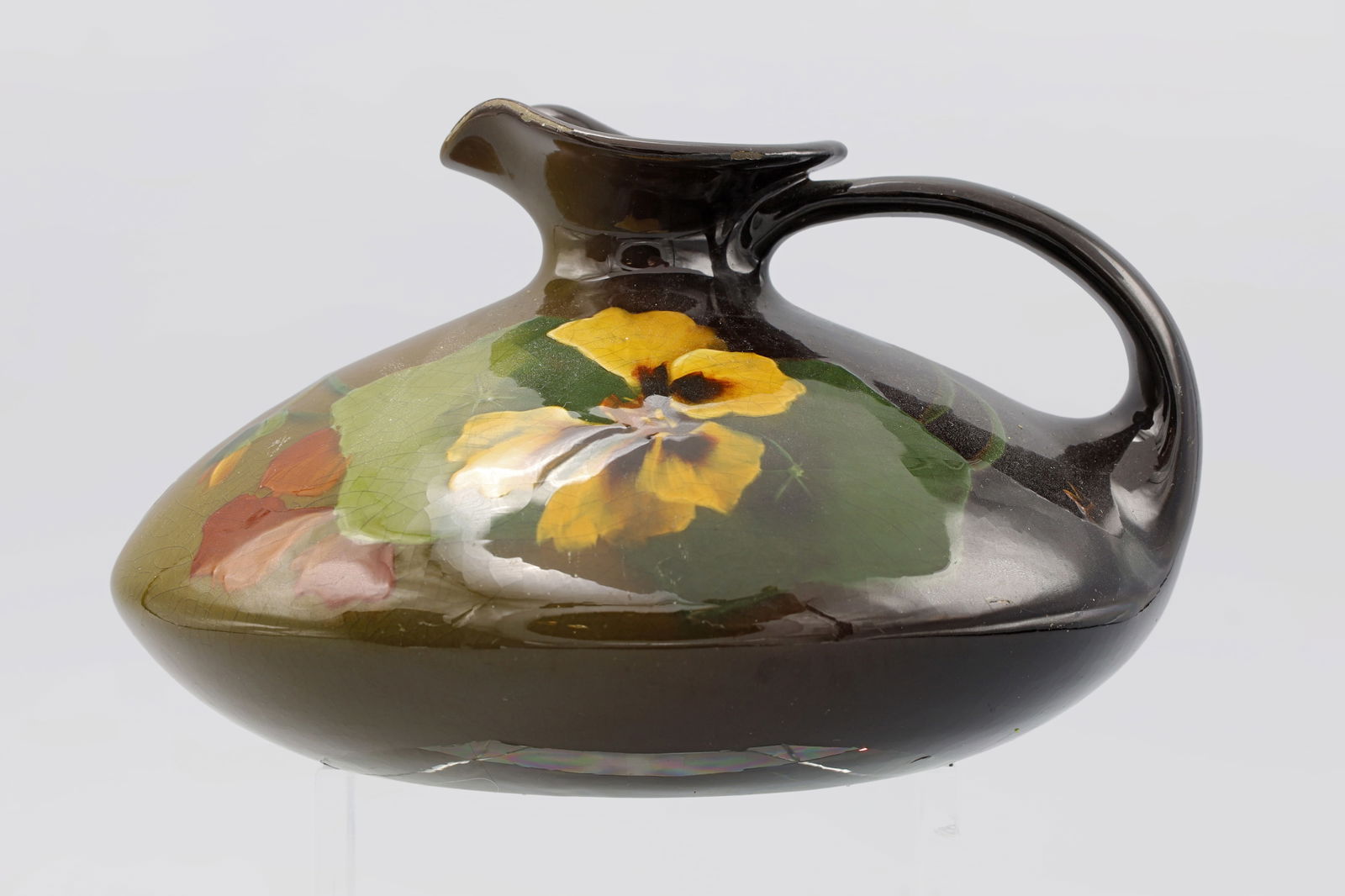 Antique WELLER LOUWELSA Squat Jug Vase with Pansies, Pattern 580, Handpainted Pansy Design, Marked (1 of 4)