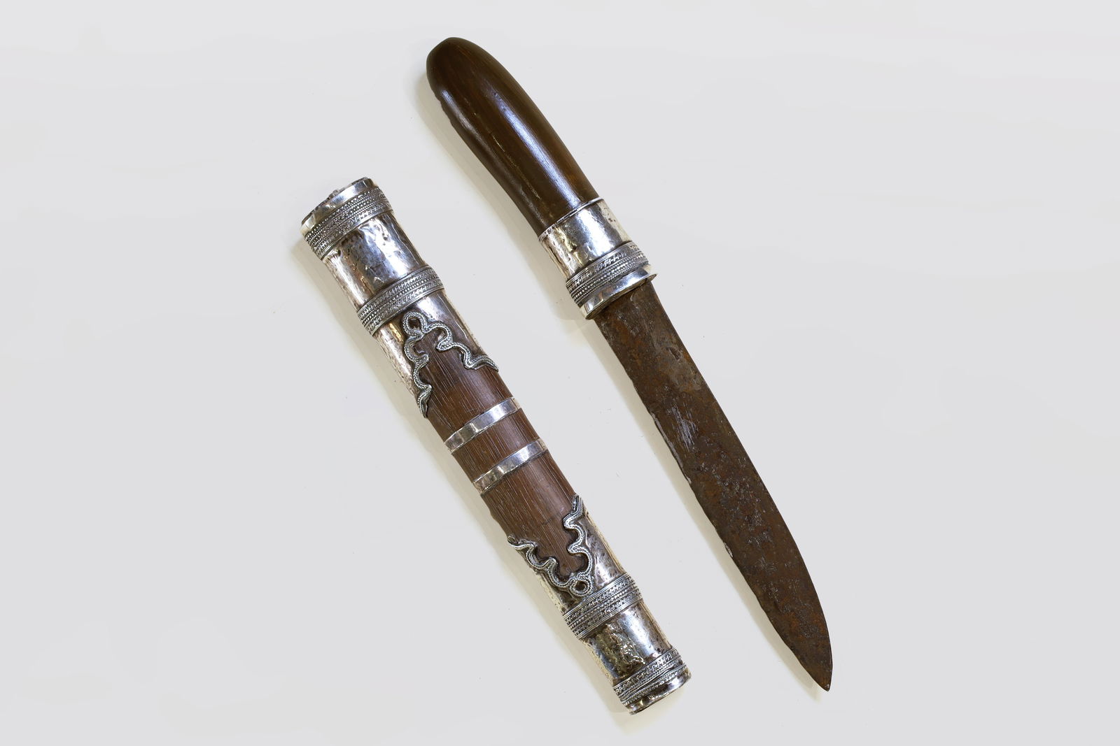 Antique Burmese Dha Sword Knife, A Silvered Dagger With Scabbard, Late 19th Century. (1 of 2)