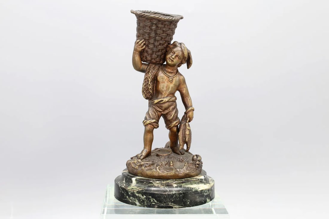 Antique Napoleon III French Bronze And Marble Match Holder, Kid Carrying A Basket And fish (1 of 6)