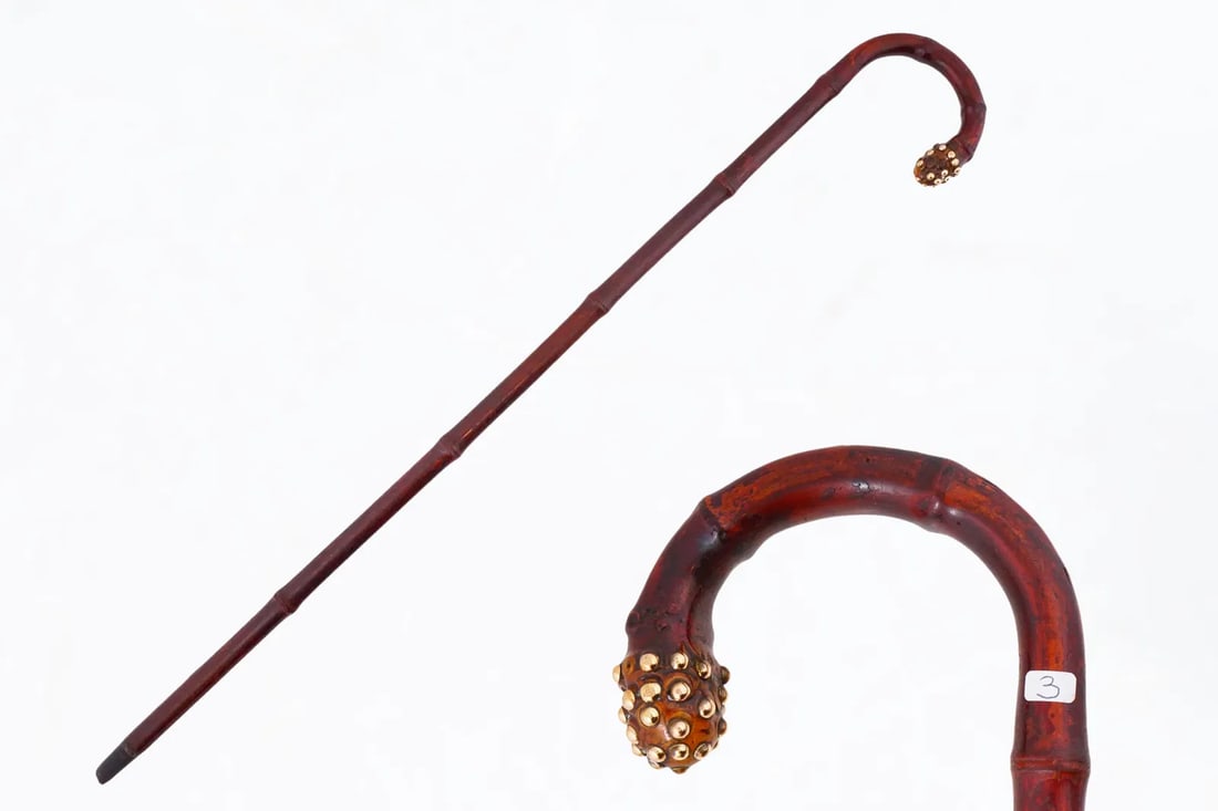 Mid Century British Walking Cane, Bamboo Design And Studded Gold Knob. No Marked: A Vintage Hand Carved Wooden Cane. The Cane Is Made In A Carved Bamboo Design. The Handle Is Adorned With Gold Tone Metal Knobs. Unmarked, British Manufacture Circa 1940s Or Early 1950s. Vintage And M