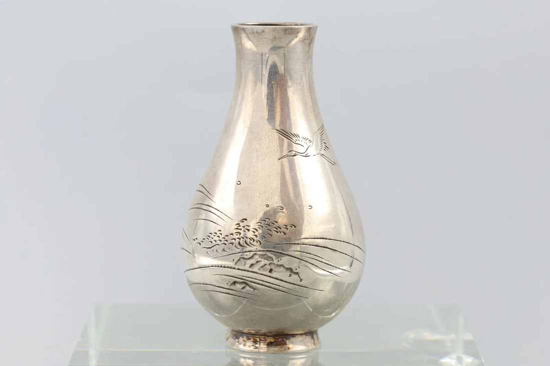 Antique Taisho Era, Japanese Sterling SIlver Vase With Landscape And Crane Heron Bird, Hatori (1 of 4)