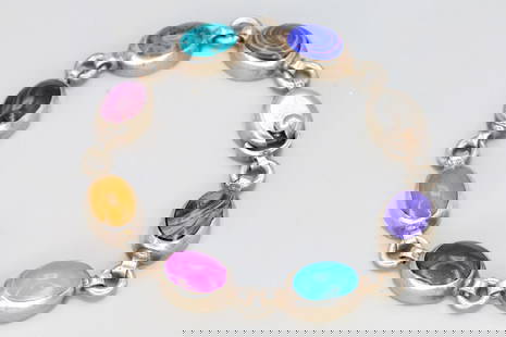 Vintage 1980s Mexico Panel Bracelet, Sterling Silver, Gemstones And Enamel, Modernist Jewelry: Vintage 1980s Mexico Panel Bracelet, Sterling Silver, Gemstones And Enamel, Modernist Jewelry. Dimensions Length 7.5 inches. Weight 32.8 grams. DISCLAIMER: Read The Description And Watch Carefully The