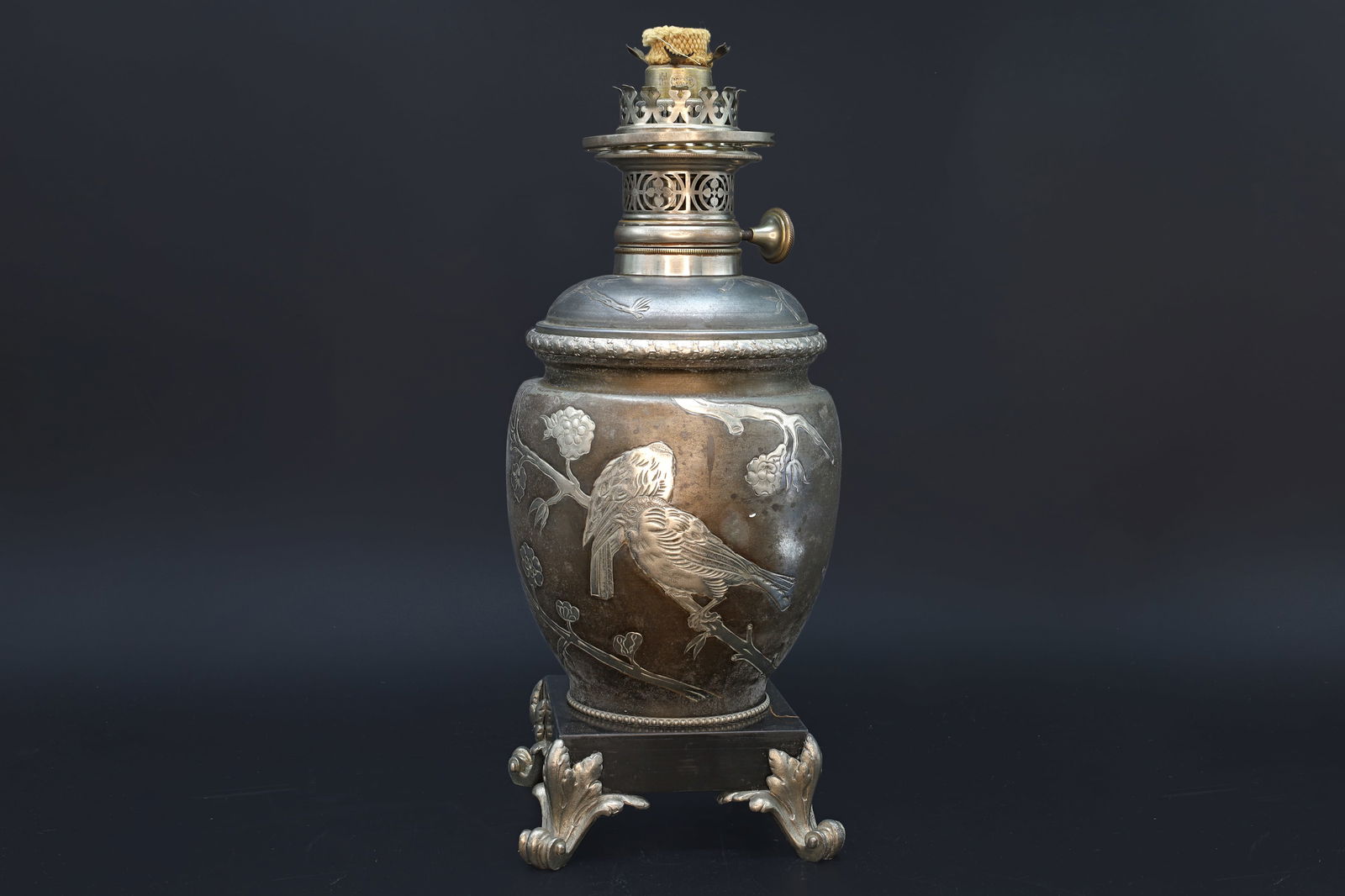 Antique Viennese Rudolf Ditmar Kerosene Lamp, Japanese Bronze Vase With Silver Birds And Flowers (1 of 8)
