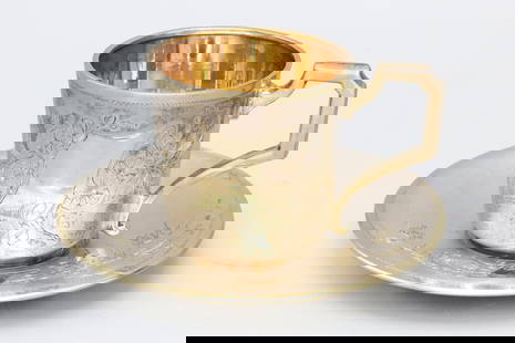 German Art Nouveau Cup And Saucer With Hallmarks, 800 Silver, Antique Early 20th Century: German Art Nouveau Cup And Saucer With Hallmarks, 800 Silver, Etched Floral Motifs. Gilt Interior Of The Cup. Antique Early 20th Century. Normal Surface Wear And Age. Sold As Is. DISCLAIMER: Read The