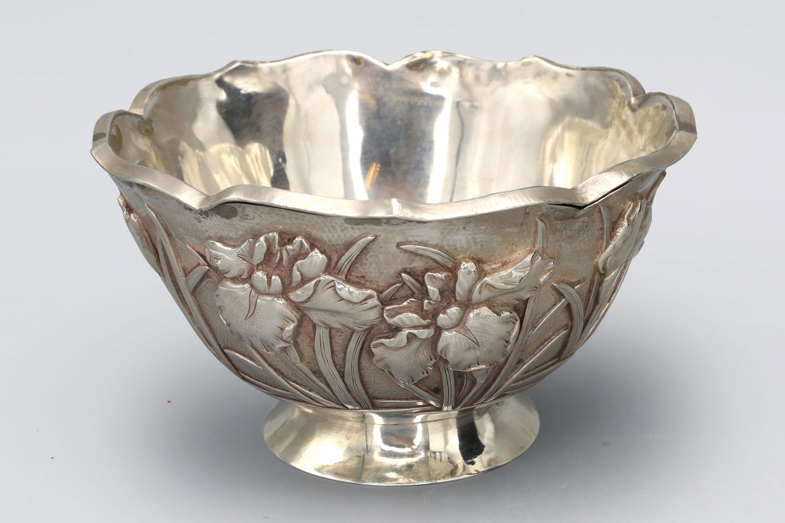Antique 1880s Meiji Japan Fine Sterling Silver Bowl With Iris Flowers, Jungin Hallmark, Oriental Art (1 of 5)