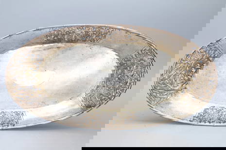 Large Chinese Exports Silver Tray With Dragon And Bamboo Trees, Hallmarked, Fine Silver: Large Chinese Exports Silver Tray With Dragon And Bamboo Trees, Hallmarked, Fine Silver. Normal Wear And Age. Sold As Pictured. DISCLAIMER: Read The Description And Watch Carefully The Images Provided