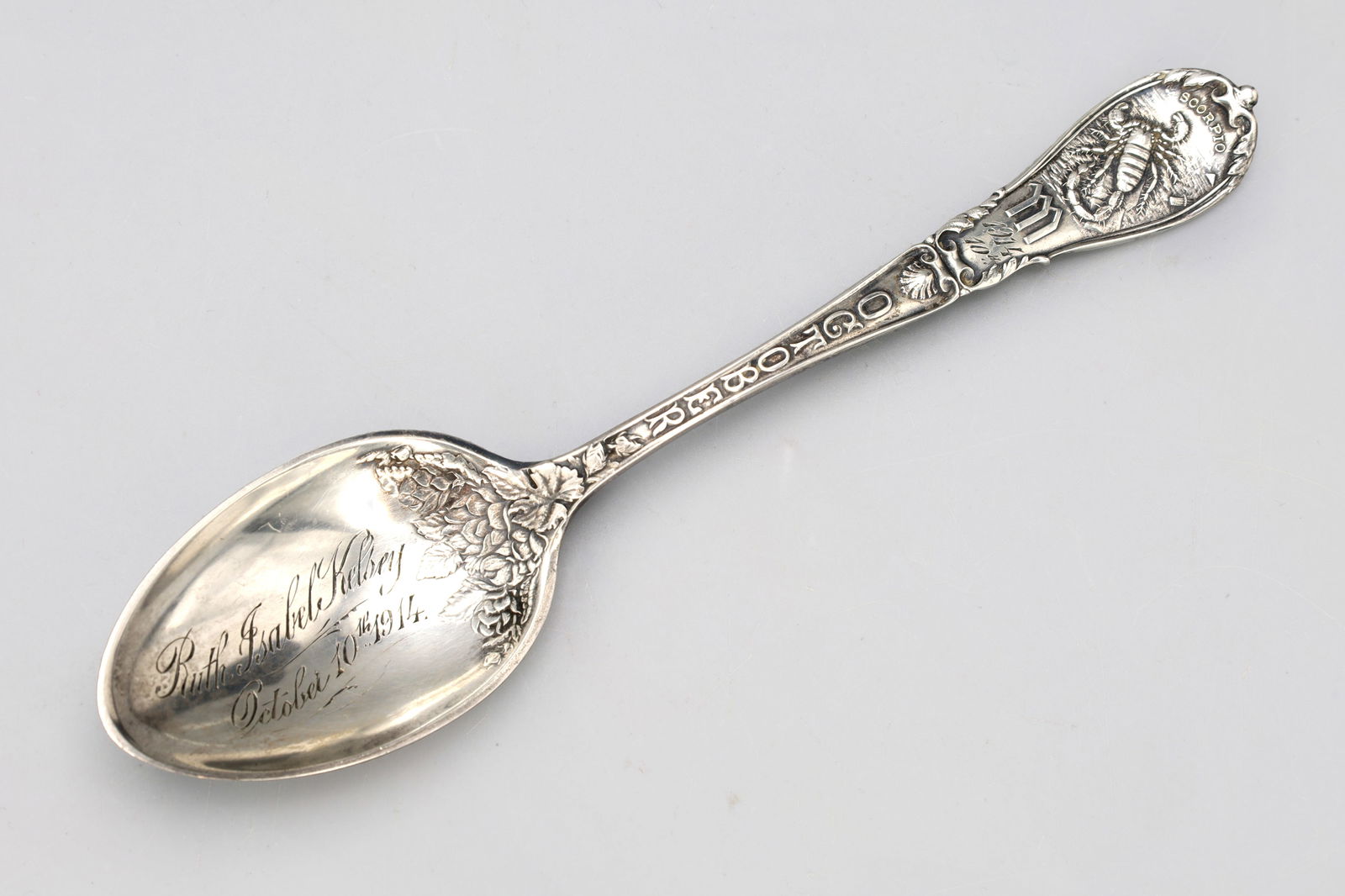 Antique American Sterling Spoon, Scorpion Zodiac, Month Of October 1914, Art Nouveau Cutlery (1 of 2)