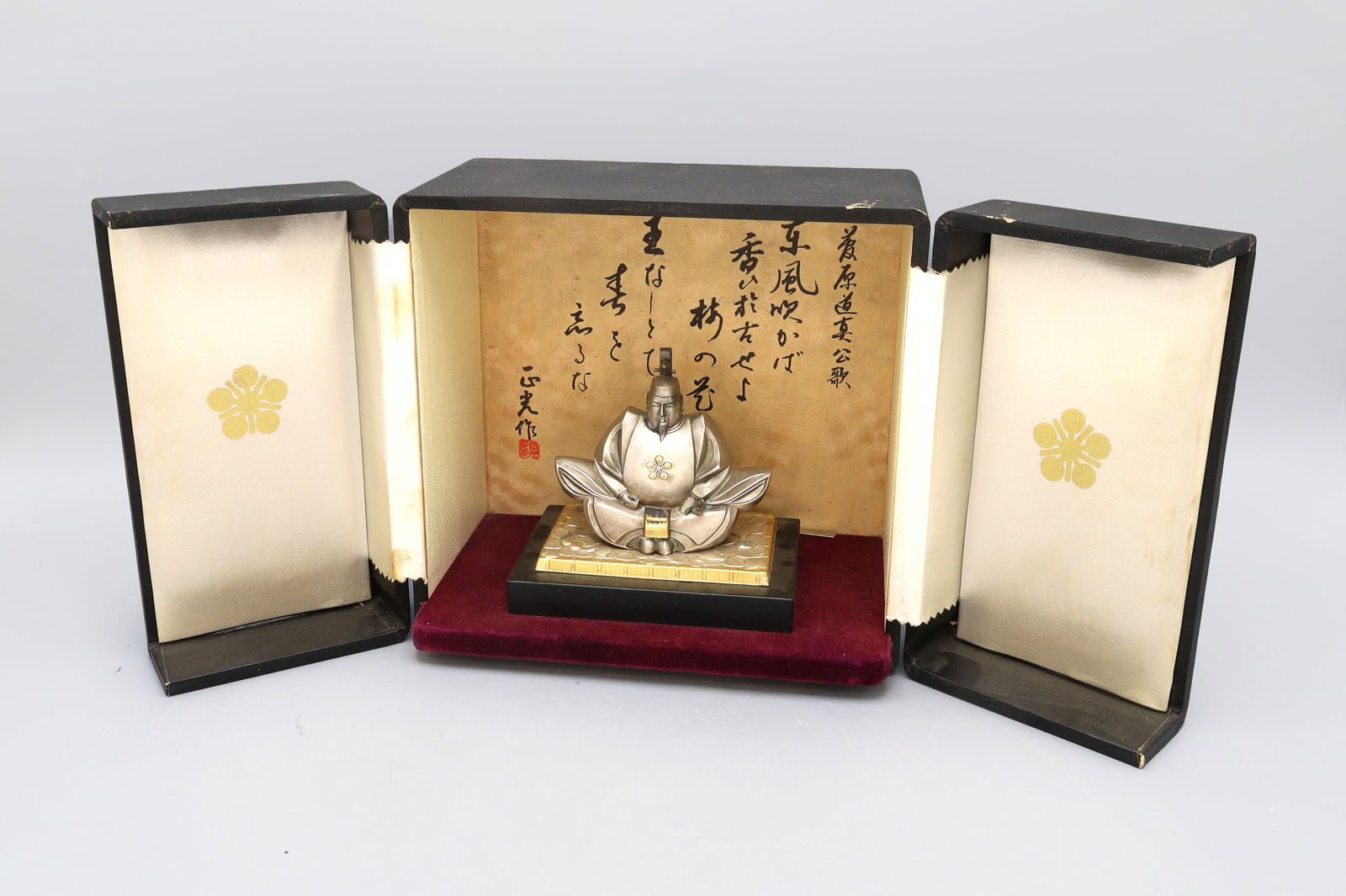 Japan Tenjin Heavenly Shogun Seated, Samurai Silver Figure In A Portable Shinto Shrine, Oriental Art (1 of 5)