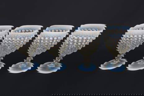 French Art Deco White Hobnail Goblet Cups, A Set Of Four 4 Units, Opalescent Moonstone Retro Design: French Art Deco White Hobnail Goblet Cups, A Set Of Four 4 Units, Opalescent Moonstone Retro Design. No Chips. Sold As Pictured. DISCLAIMER: Read The Description And Watch Carefully The Images Provide