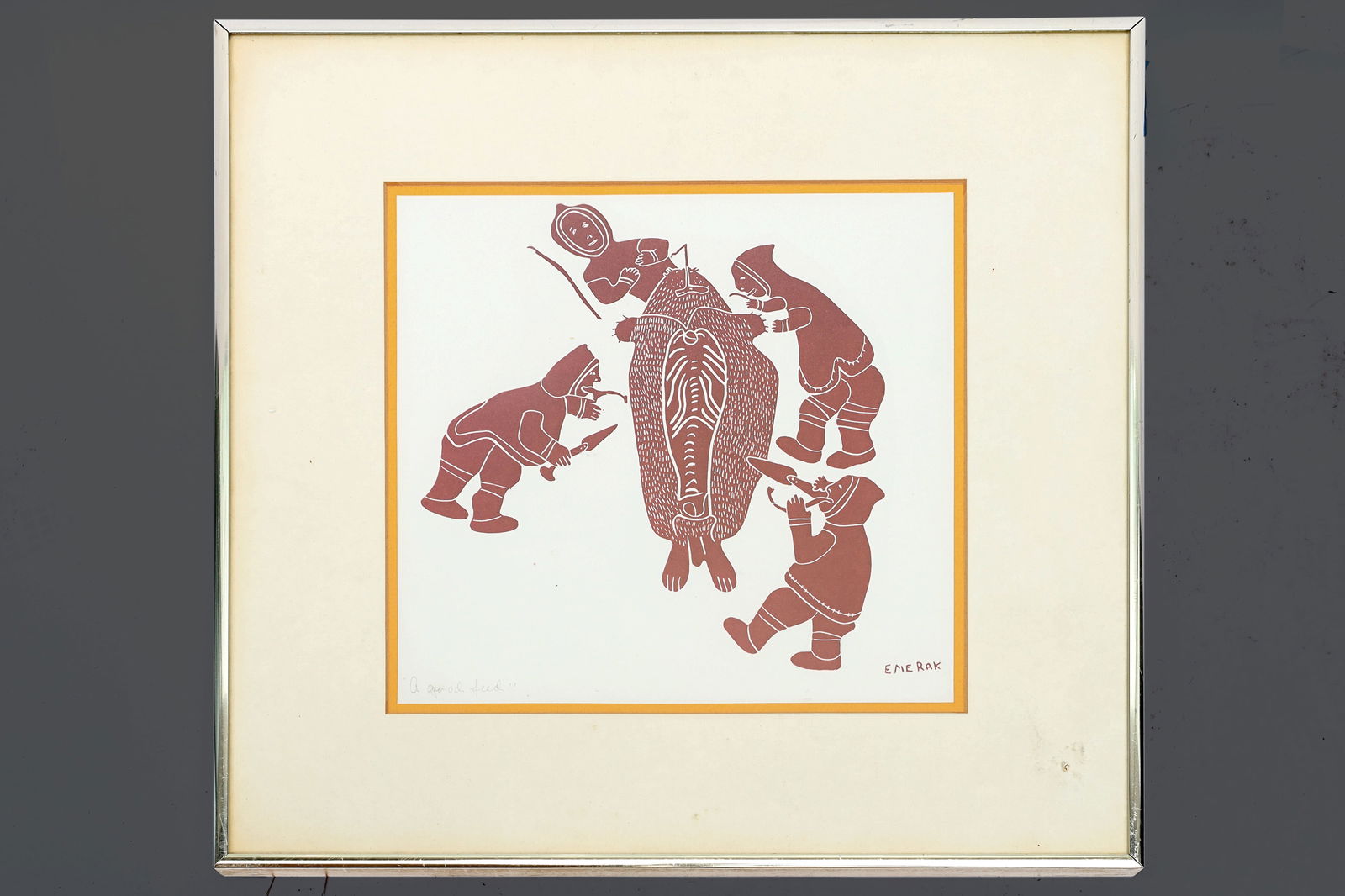 Mark Emerak, Vintage 1970s Stonecut Artwork, Inuit Hunters With A Seal, Framed, Native American (1 of 3)