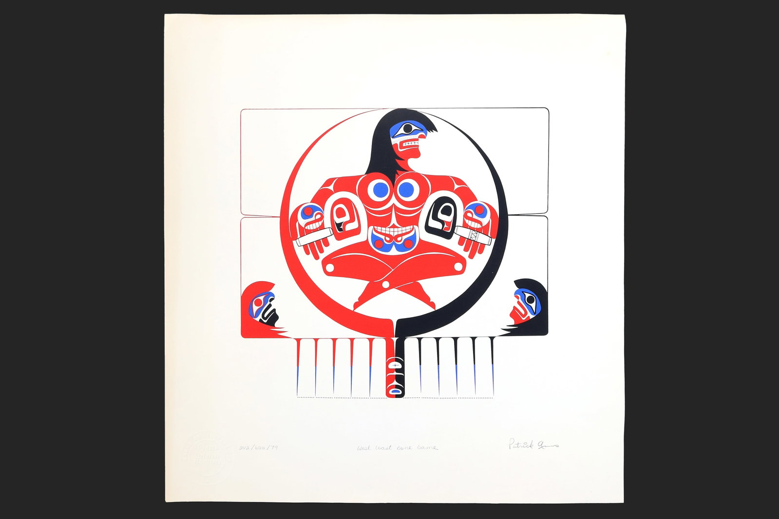Patrick Amos, West Coast Bone Game, Vintage 1979s Haida Hand Signed Artwork, Native American: Patrick Amos, West Coast Bone Game, 1979, Screenprint In Colors On Strathmore Paper, Hand Signed And Numbered With Pencil. Patrick Amos Was Born In 1957 On Nootka Island On The West Coast Of Vancouver