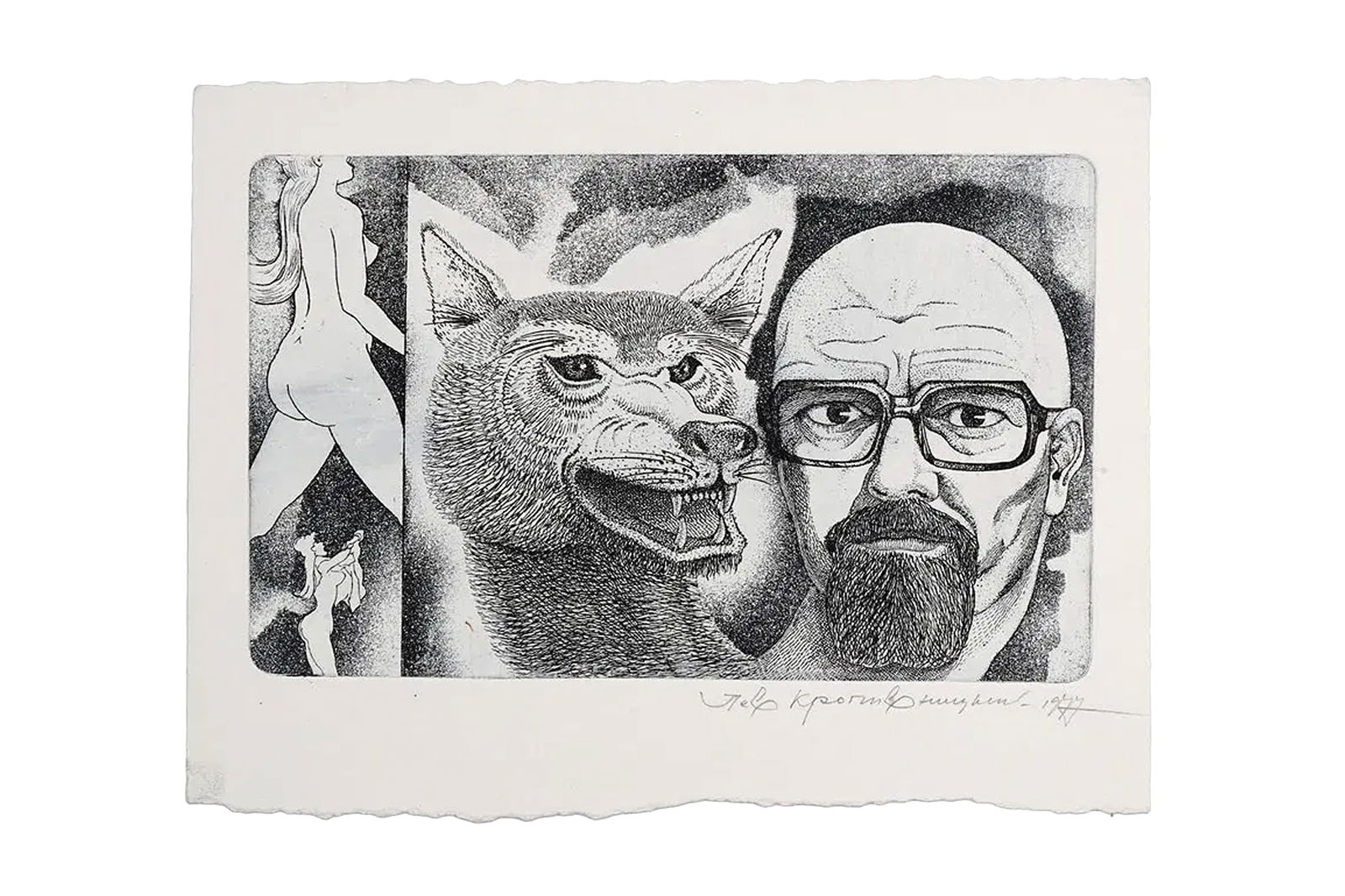 A 1970s Soviet Union Etching Artwork By Lev Kropivnitsky, Rare Piece, Graphic Art Of USSR: Lev Kropivnitsky, Russian Artist From The Soviet Union Era, Born In 1922 To 1994, A Hand Printed Bookplate Etching On Handmade Paper. A Surreal Double Portrait Of The Artist And A Fox, And A Pair Of N