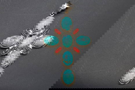Native American Large Cross Pendant By Dean Brown, Navajo, Sterling Silver, Turquoise And Coral: Native American Large Cross Pendant By Dean Brown, Signed Sterling Silver With Natural Blue Turquoise And Red Coral. Large Approximately 4 Inches Height Approximate. Weight Around 40 Grams Sterling Si