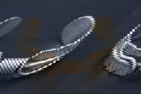 Navajo Mike Thomas Jewelry, Cuff Bangle, Sterling Silver, Two Eagle Feathers, Southwestern Americana: A Vintage Piece Signed By Navajo Artisan, Mike Thomas Jewelry, A Cuff Bangle Made Out Sterling Silver, Feathers Motif, Southwestern Americana, Handmade Native American Jewelry. Wide 2.55 Inches Approx