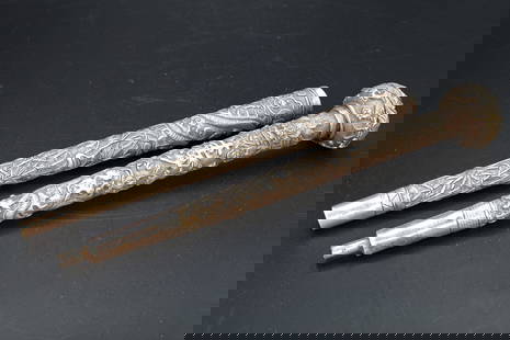 Antique 1900s Chinese Export Silver Umbrella Parasol Handle, Celestial Dragon, A Pair Lot: An Early 20th Century Chinese Exports High Grade Silver Repousse Umbrella Handles, A Pair. Fully Ornate With Celestial Dragon Motifs And Other Chinese Motifs And Symbols Related To Longevity And Good