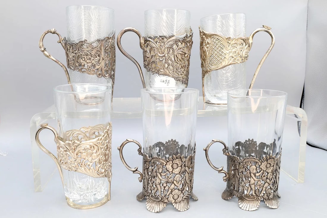 Antique 19th Century Persian Qajar Empire, Group Of Six 6 Silver And Glass Tea Cups, Mug, Glasses: Persia Qajar Empire, Group Of Six 6 Silver Glass Cup Holders With Inserts, Antique 19th Century. Tested For HIgh Grade SIlver Over 840. No Cracks On Glass Or Chips. Patina. Oriental Islamic Decor, Met