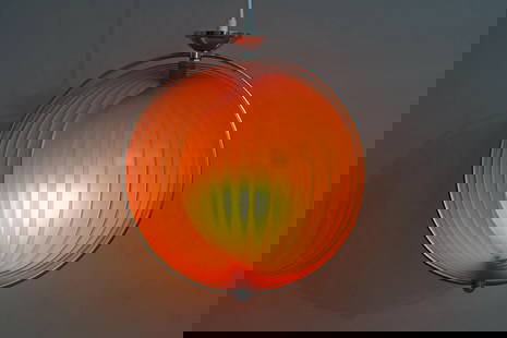 Vintage 1980s Verner Panton Style Ceiling Lamp, Mid Century Modern Lighting Fixtures, Space Age: Vintage Space Age Mid Century Modern Panton Era Home Decoration. The Orange Moon Lamp Consists Of Many Plastic Slats That Can Be Rotated Around The Light Source As Desired, So That New Shapes Are Cons