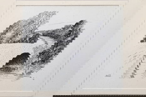 Vintage 1930s British Ink On Paper Landscape Drawing, A Portfolio Of Original Art By Walter M Keesey: Interesting Item, Part Of The Portfolio Of Works About Bridges, Churches And Castles On The West England Area. Commission Work Done In Between The World Wars. There Is An Almost Conspiracy That The Br