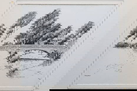 Vintage 1930s British Ink On Paper Landscape Drawing, A Portfolio Of Original Art By Walter M Keesey: Interesting Item, Part Of The Portfolio Of Works About Bridges, Churches And Castles On The West England Area. Commission Work Done In Between The World Wars. There Is An Almost Conspiracy That The Br