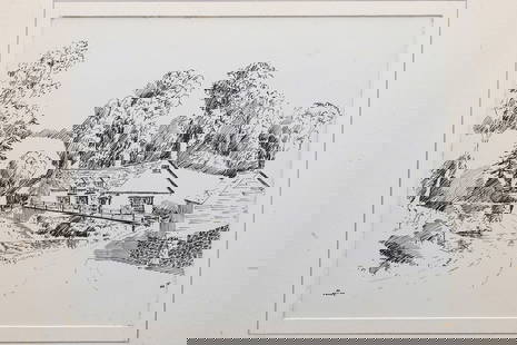 Vintage 1930s British Ink On Paper Landscape Drawing, A Portfolio Of Original Art By Walter M Keesey: Interesting Item, Part Of The Portfolio Of Works About Bridges, Churches And Castles On The West England Area. Commission Work Done In Between The World Wars. There Is An Almost Conspiracy That The Br