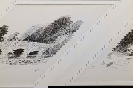 Vintage 1930s British Ink On Paper Landscape Drawing, A Portfolio Of Original Art By Walter M Keesey: Interesting Item, Part Of The Portfolio Of Works About Bridges, Churches And Castles On The West England Area. Commission Work Done In Between The World Wars. There Is An Almost Conspiracy That The Br