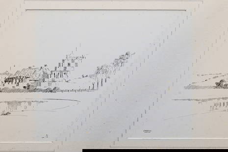 Vintage 1930s British Ink On Paper Landscape Drawing, A Portfolio Of Original Art By Walter M Keesey: Interesting Item, Part Of The Portfolio Of Works About Bridges, Churches And Castles On The West England Area. Commission Work Done In Between The World Wars. There Is An Almost Conspiracy That The Br