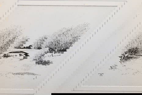 Vintage 1930s British Ink On Paper Landscape Drawing, A Portfolio Of Original Art By Walter M Keesey: Interesting Item, Part Of The Portfolio Of Works About Bridges, Churches And Castles On The West England Area. Commission Work Done In Between The World Wars. There Is An Almost Conspiracy That The Br