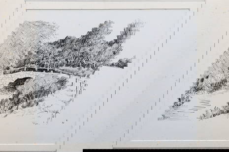 Vintage 1930s British Ink On Paper Landscape Drawing, A Portfolio Of Original Art By Walter M Keesey: Interesting Item, Part Of The Portfolio Of Works About Bridges, Churches And Castles On The West England Area. Commission Work Done In Between The World Wars. There Is An Almost Conspiracy That The Br