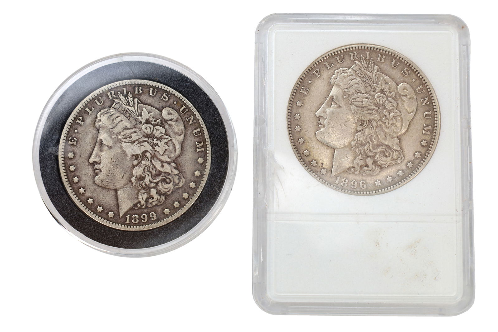 American Silver Morgan Dollars, Group Of Two Coins, 19th C Numismatics, Years 1896 And 1899 (1 of 2)