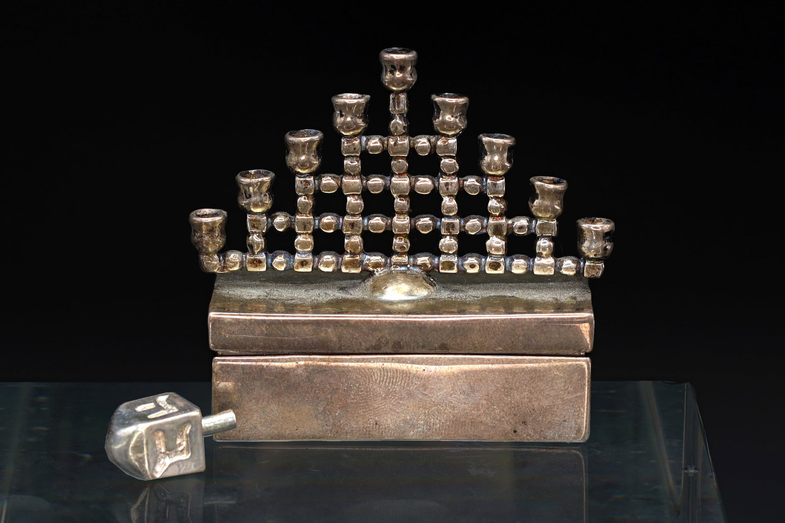 Judaica, Miniature Menorah Hanukkah Candle Holder With Dreidel, Sterling Silver, Signed 1997 (1 of 4)