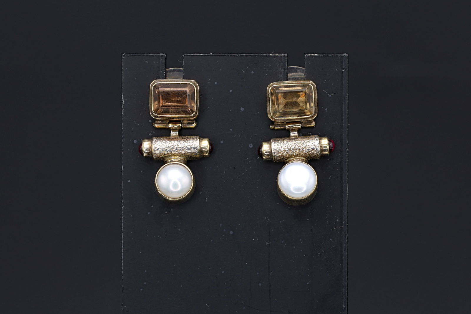 Postmodern Jewelry, Vintage Hinged Stud Earrings, 925 Sterling Silver, Pearls, Citrine And Garnets (1 of 6)