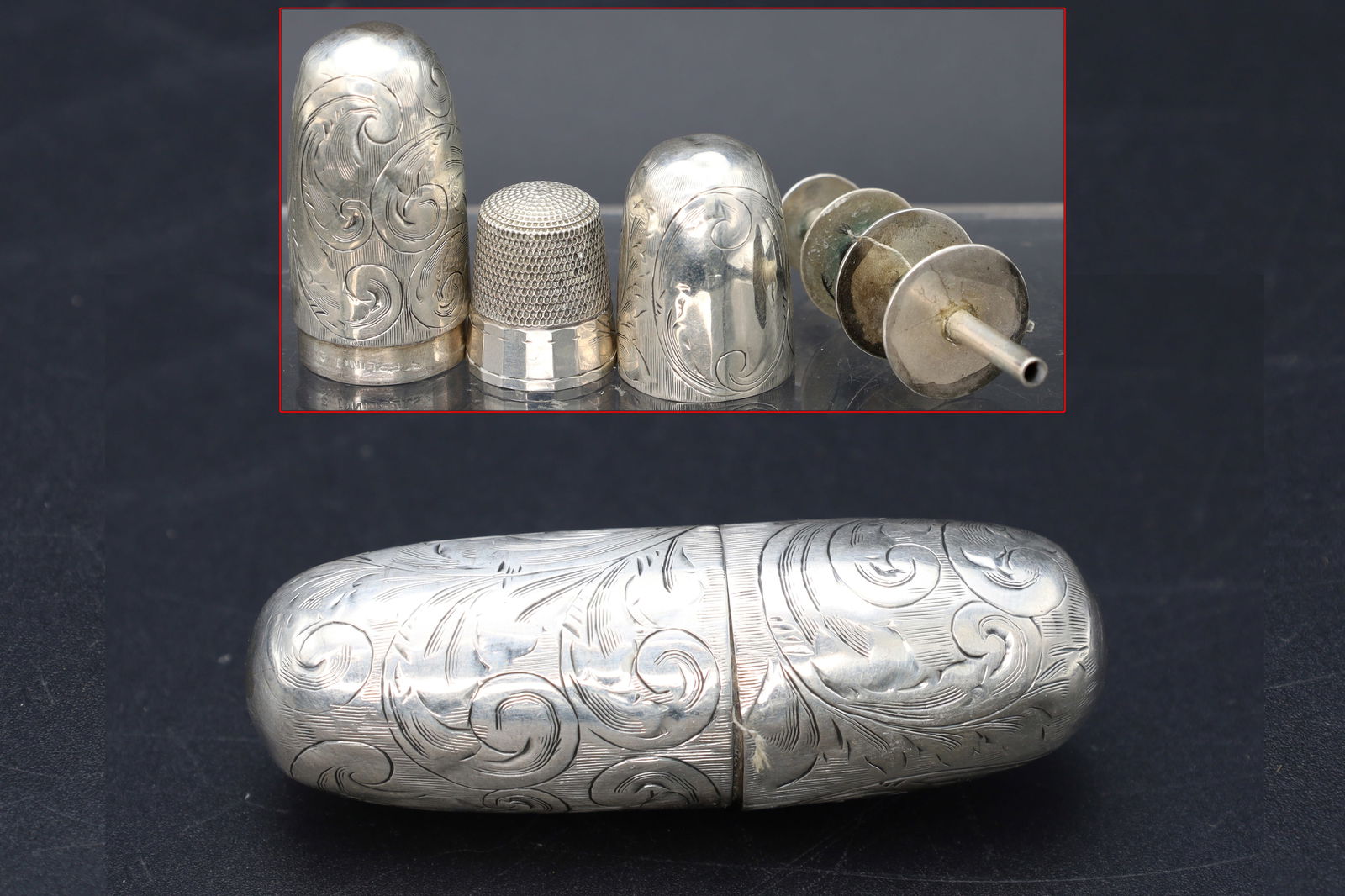Antique 1890s American Silver Sewing Traveling Kit On A Miniature Cylinder Case, Sterling Silver (1 of 6)