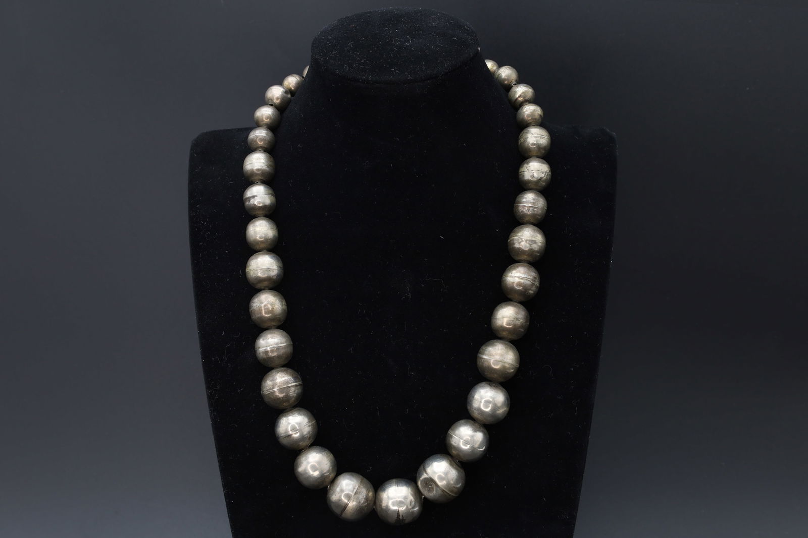 Mid Century Mexico Graduated Ball Beads Necklace, Fine Alpaca, A Retro Art Deco Jewelry Piece: Dimensions Wearable Length 20.5 inches. Weight 60 grams. All measurements are approximate. Some Dings. Overal Very Good Condition. Wear And Aging. Mid Century Mexico Graduated Ball Beads Necklace, Fin