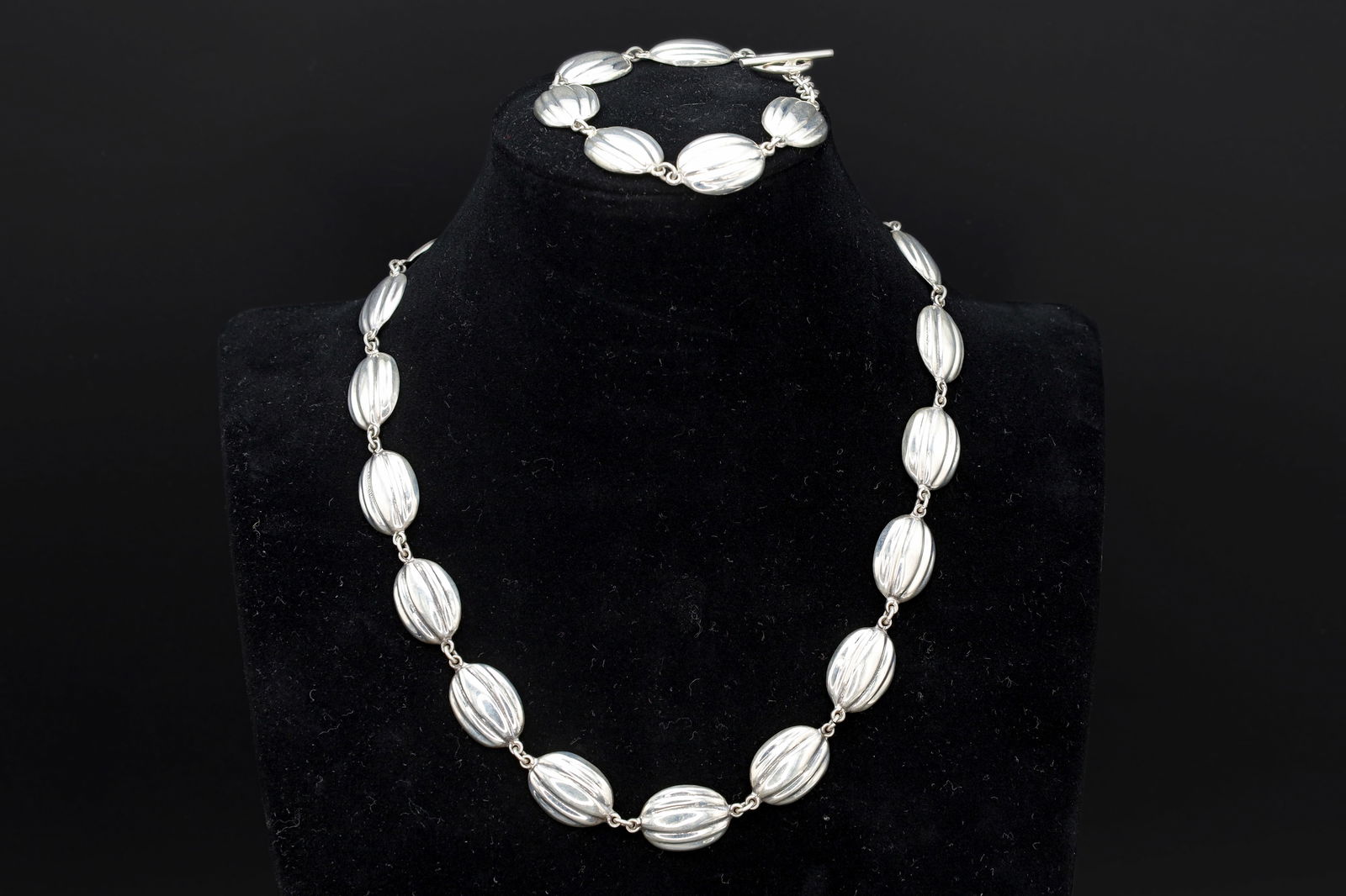 Mexico Sterling Silver Jewelry Set, Panel Necklace And Bracelet, Watermelon Beads Modernist Design (1 of 4)